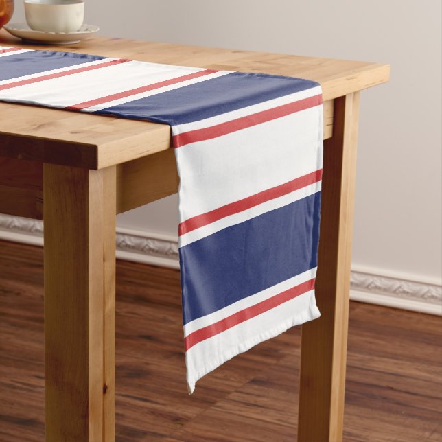 Nautical Red & Navy Blue Stripes Short Table Runner (In Situ)