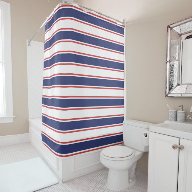 Nautical Red & Navy Blue Stripes Shower Curtain (In Situ)