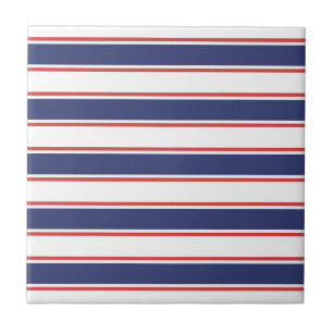 Nautical Red & Navy Blue Stripes Tile