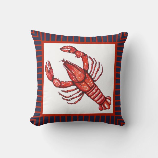 Nautical Red & Navy Border Watercolor Crawfish Cushion (Front)