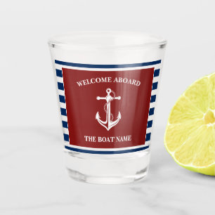 Nautical Red Navy Welcome Aboard Boat Name Anchor Shot Glass