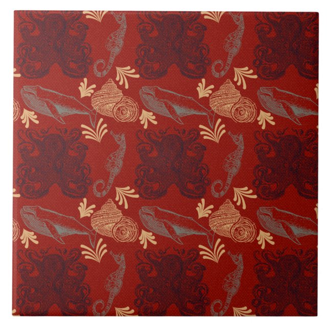 Nautical Red Octopus Sea Monster Illustration Tile (Front)