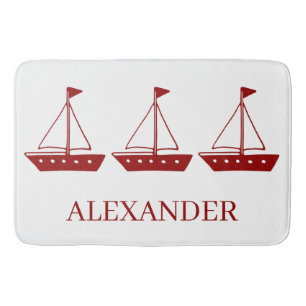 Nautical Red Sailboat on White Personalised Bath Mat
