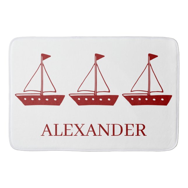 Nautical Red Sailboat on White Personalised Bath Mat (Front)