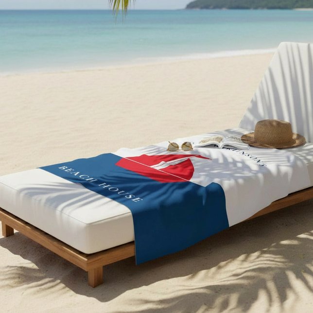 Nautical Red Sailboat Personalized Family Name  Beach Towel (Creator Uploaded)