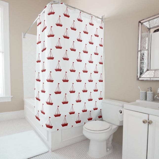 Nautical Red Sailboats on White Shower Curtain (In Situ)