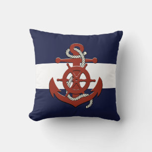 Nautical red ship's wheel/anchor navy blue throw p cushion