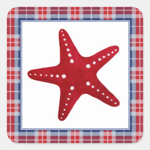 Nautical Red Starfish Blue & Red Tartan Plaid Square Sticker