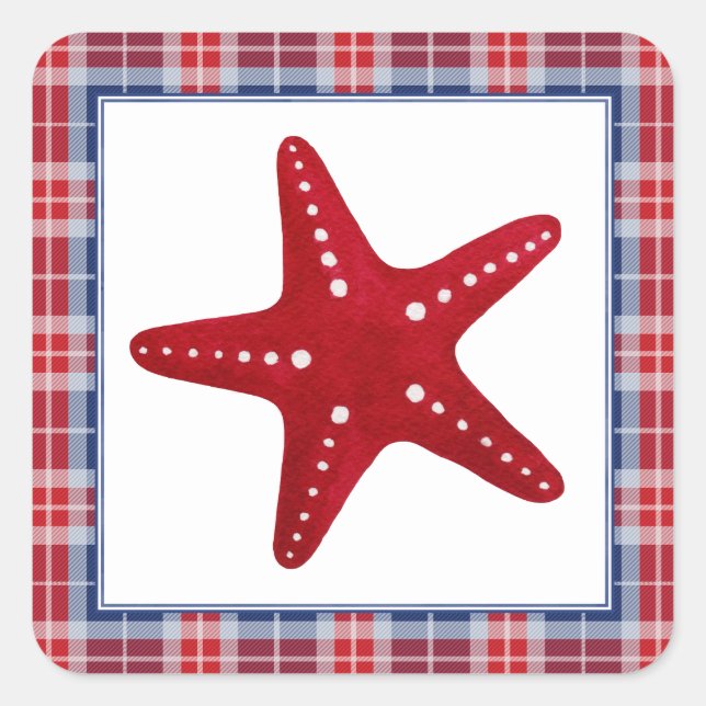 Nautical Red Starfish Blue & Red Tartan Plaid Square Sticker (Front)