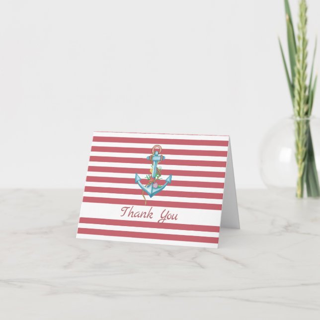 Nautical Red Stripe Anchor Thank You Card (Front)