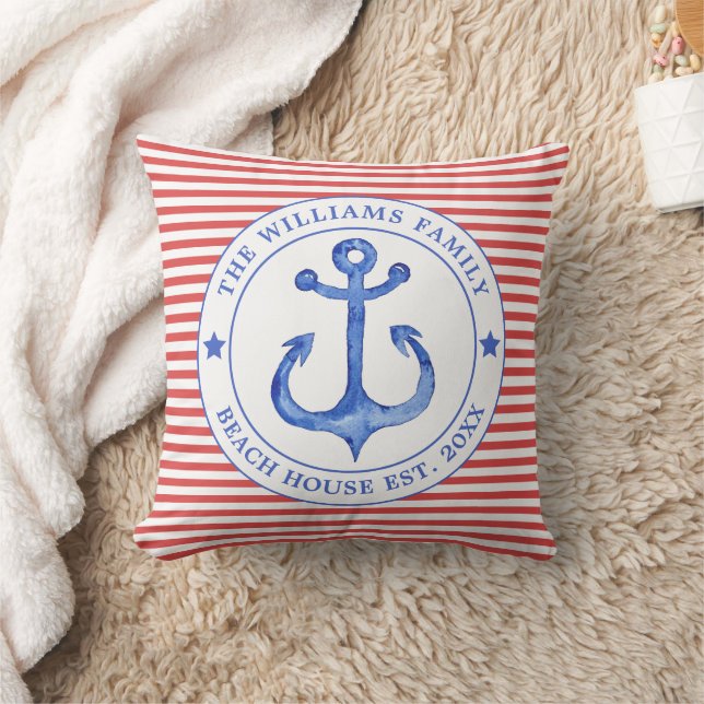 Nautical Red Striped - Family Beach House Cushion (Blanket)