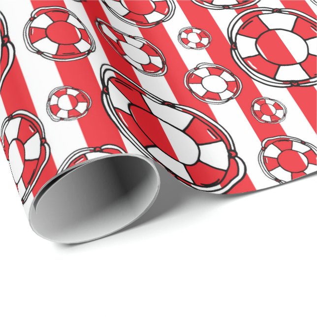 Nautical Red Striped Lifebouy Seaside Pattern Wrapping Paper (Roll Corner)
