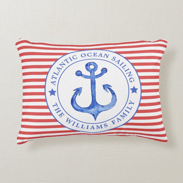 Nautical Red Stripes Personalised Lumbar Pillow (Front)