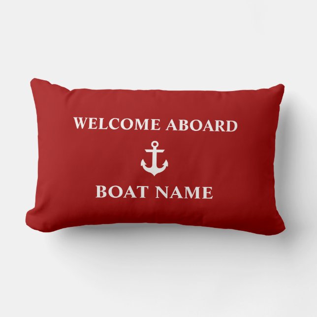 Nautical Red Welcome Aboard Boat Name Lumbar Cushion (Front)