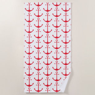 Nautical red white anchor pattern modern beach towel
