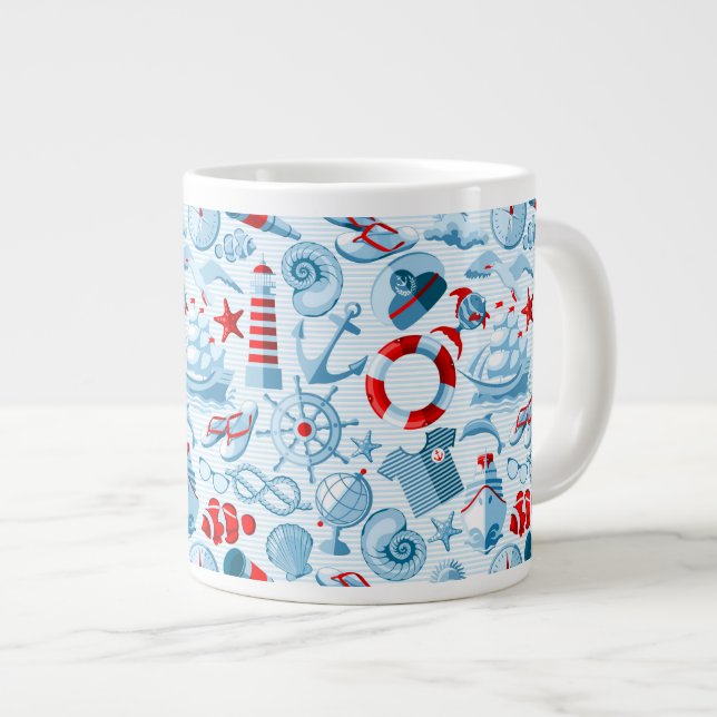 Nautical Red White And Blue Pattern Large Coffee Mug (Front Right)