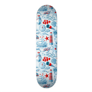 Nautical Red White And Blue Pattern Skateboard