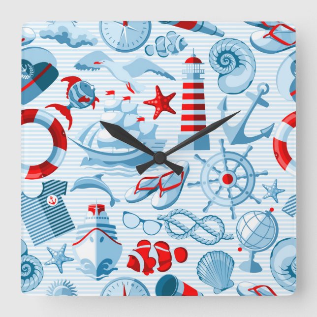 Nautical Red White And Blue Pattern Square Wall Clock (Front)