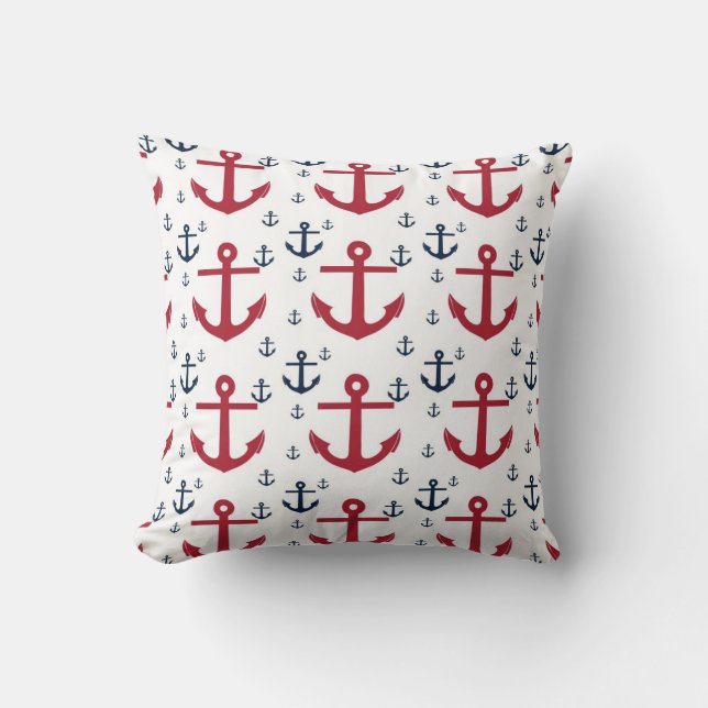 Nautical Red White and Blue Pillow with Anchors (Front)