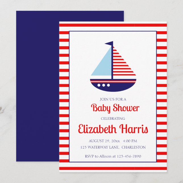 Nautical Red White and Blue Sailboat Baby Shower Invitation (Front/Back)