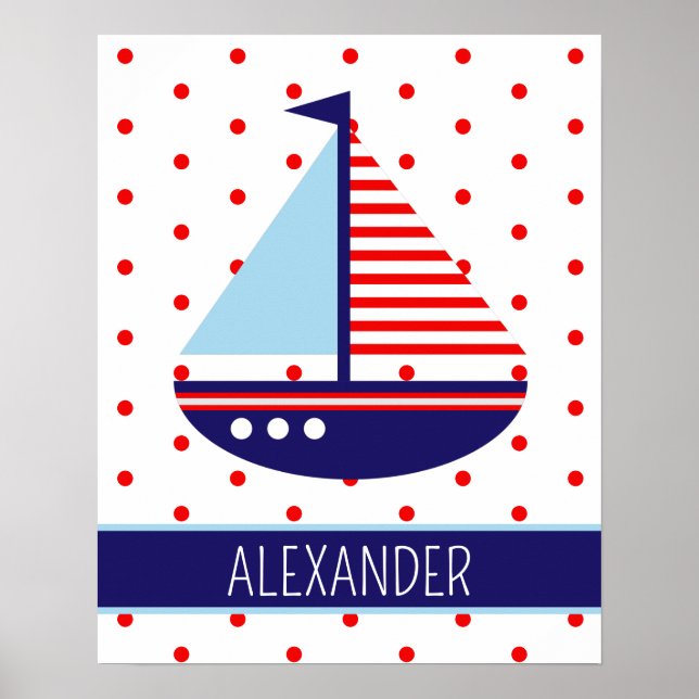 Nautical Red White and Blue Sailboat Personalised Poster (Front)