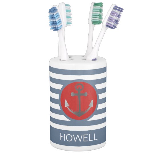 Nautical Red White And Blue Stripes Anchor Name Bathroom Set