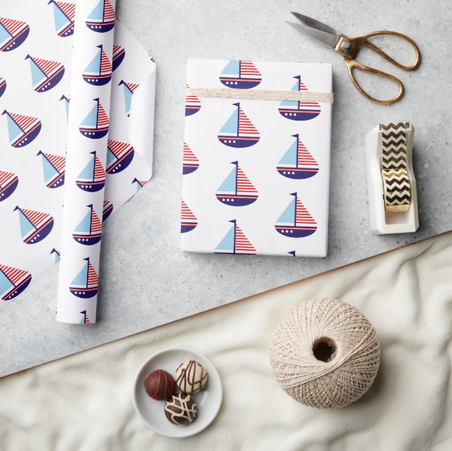 Nautical Red White and Blue Stripes Sailboat Wrapping Paper (Crafts)