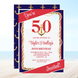 Nautical Red White & Blue 50th Birthday Invitation