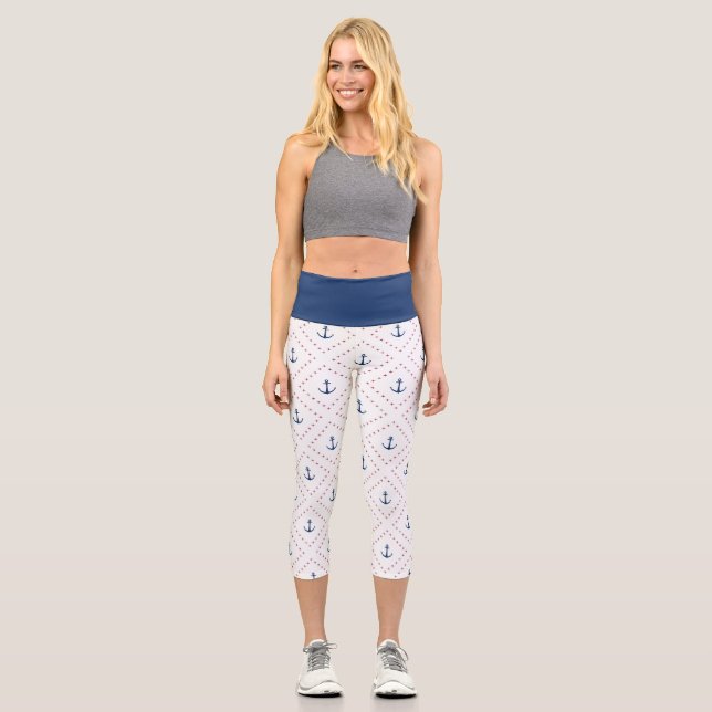 Nautical Red White Blue Anchor Pattern  Capri Leggings (Front)