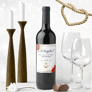 Nautical Red, White, & Blue Anemones Dated Wedding Wine Label