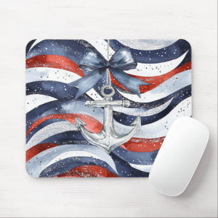 Nautical Red White Blue Bow Anchor Mouse Mat