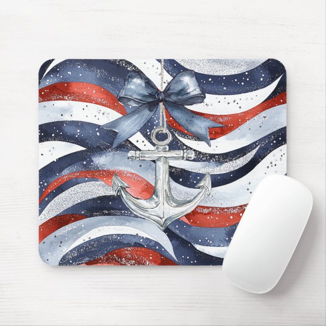 Nautical Red White Blue Bow Anchor Mouse Mat (With Mouse)