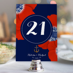 Nautical Red White & Blue Cascading Red Anemones Table Number