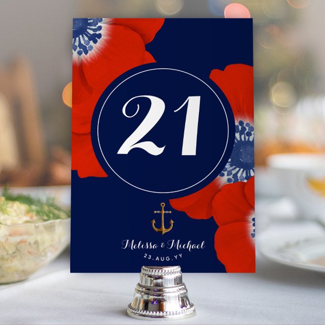 Nautical Red White & Blue Cascading Red Anemones Table Number (Nautical Red, White, and Blue Event or Wedding Table Numbers with Red Anemones)