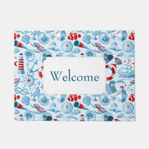 Nautical Red White & Blue Pattern   Add Your Text Doormat