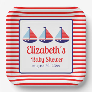 Nautical Red White Blue Sailboat Baby Shower Paper Plate
