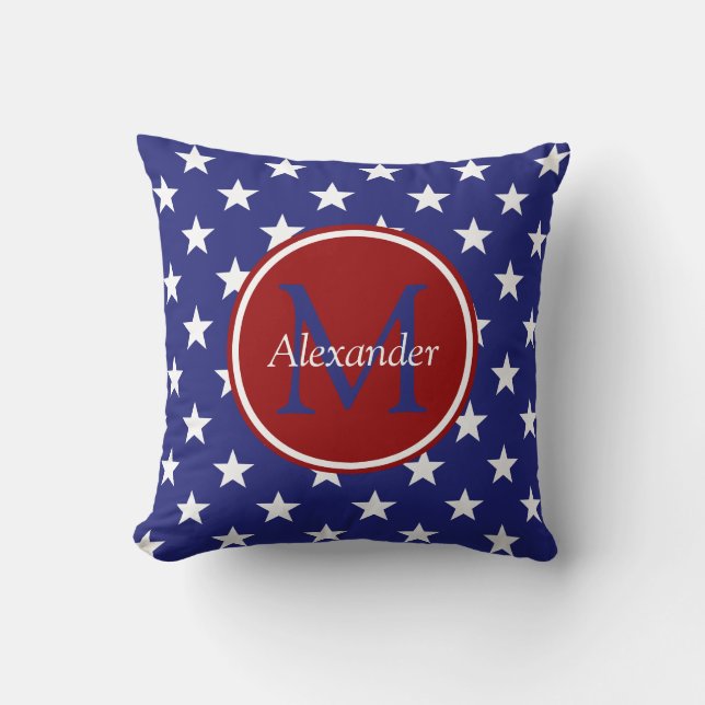 Nautical Red White Blue Stars Monogram Cushion (Front)