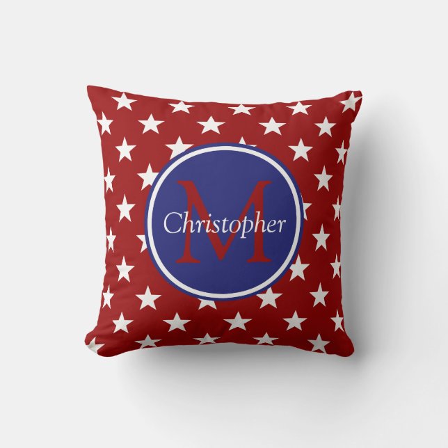 Nautical Red White Blue Stars Monogram Cushion (Front)