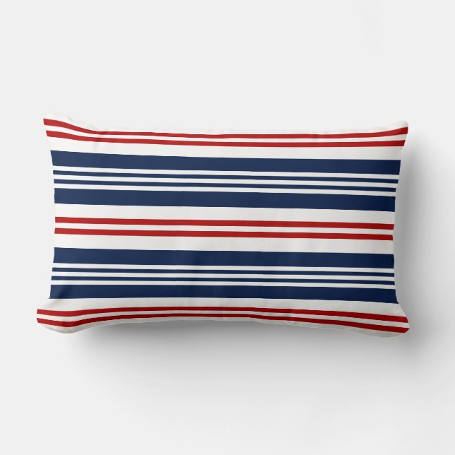 Nautical Red, White, Blue Striped Lumbar Pillow (Front)