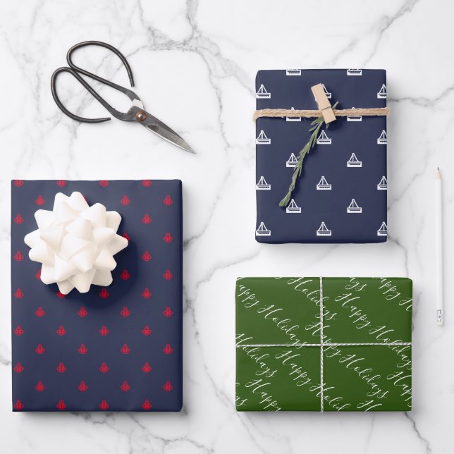 Nautical Red White & Green Wrapping Paper Sheet (Front)