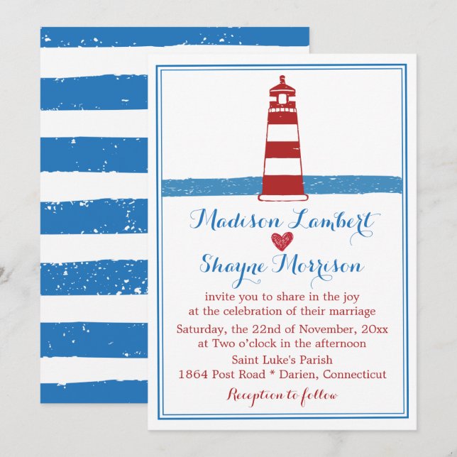 Nautical Red White Lighthouse Blue Stripes Wedding Invitation (Front/Back)