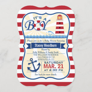 Nautical Red & White Lighthouse Boy Baby Shower Invitation