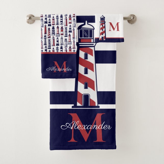 Nautical Red White Navy Blue Stripe Lighthouse  Bath Towel Set (Insitu)