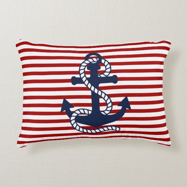 Nautical Red White Stripes and Blue Anchor Decorative Cushion (Front)