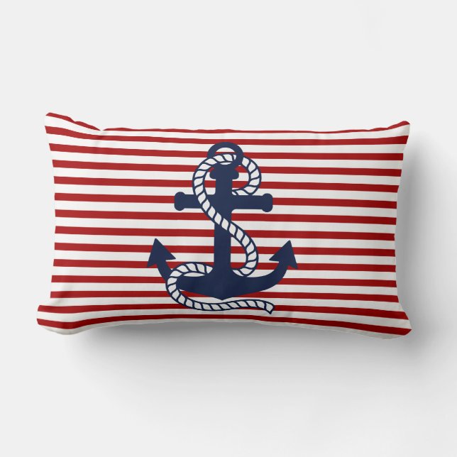 Nautical Red White Stripes and Blue Anchor Lumbar Cushion (Front)