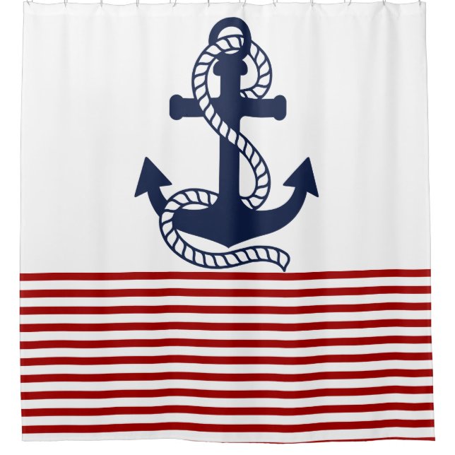 Nautical Red White Stripes and Blue Anchor Shower Curtain (Front)