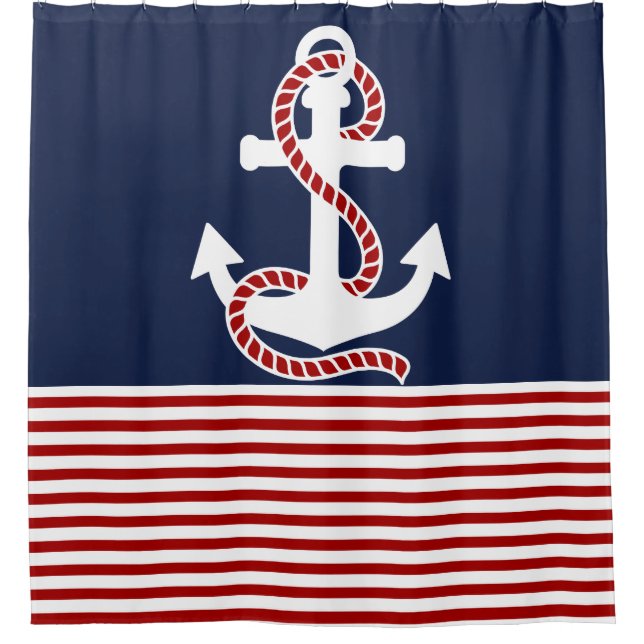 Nautical Red White Stripes and Red Anchor Shower Curtain (Front)