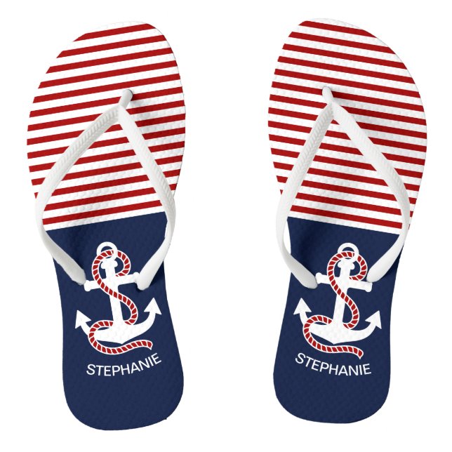 Nautical Red White Stripes and White Anchor Flip Flops (Footbed)