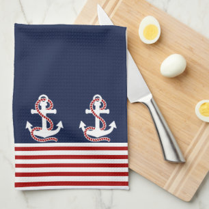 Nautical Red White Stripes and White Anchor Tea Towel