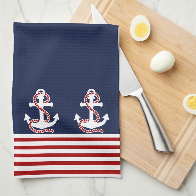 Nautical Red White Stripes and White Anchor Tea Towel (Quarter Fold)